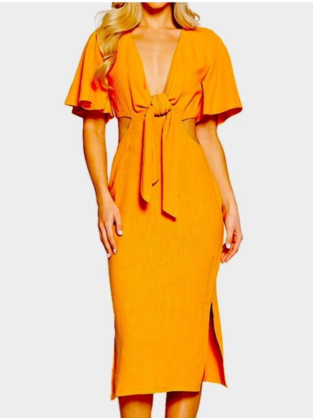 Fore Orange Linen Blend‎ Tie-Front Cutout Midi Dress